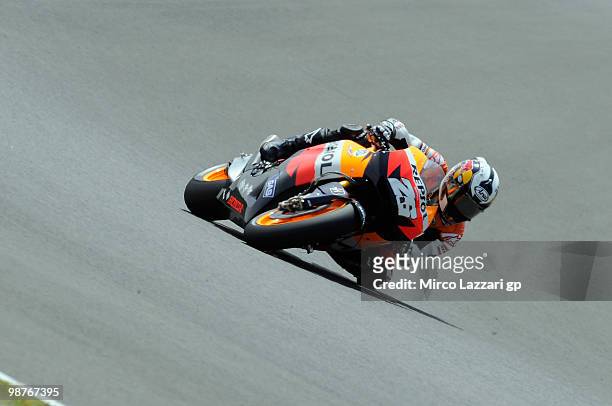 Dani Pedrosa of Spain and Repsol Honda Team rounds the bend during the first free practice at Circuito de Jerez on April 30, 2010 in Jerez de la...