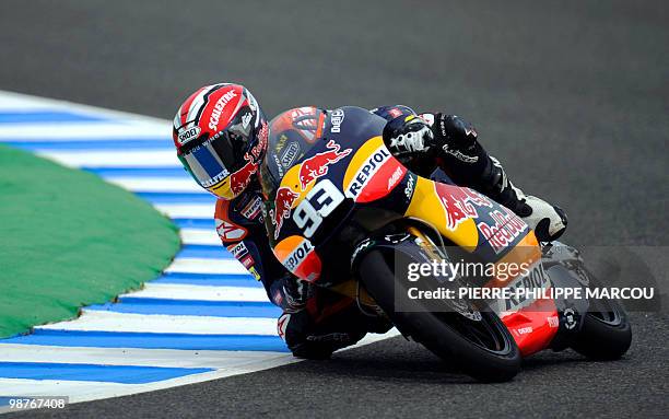 Red Bull Ajo Motorsport Team's Spanish Marc Marquez takes a curve during a free 125 cc practice session at Jerez de la Frontera's circuit on April...