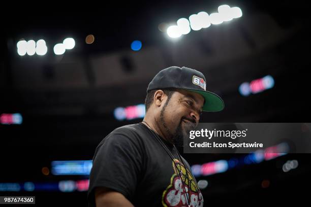 League Co-Founder and entertainer, Ice Cube looks on during a game in week two of the BIG3 three on three basketball league on June 29 at the United...