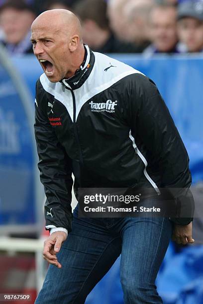 Karsten Baumann of Osnabrueck reacts during the Third League match between VfL Osnabrueck and Holstein Kiel at the Osnatel Arena on April 30, 2010 in...