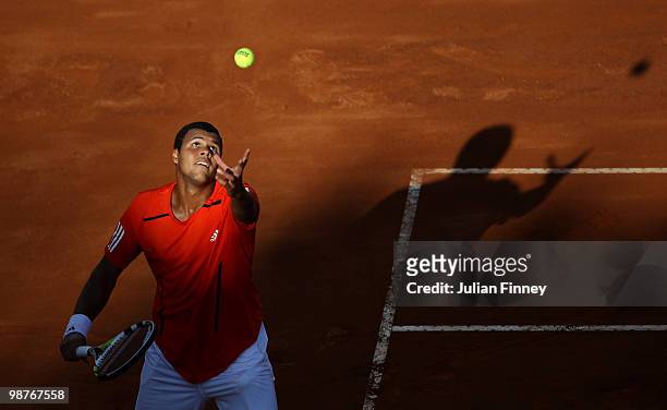 Jo-Wilfried Tsonga of France serves to David Ferrer of Spain during day six of the ATP Masters Series - Rome at the Foro Italico Tennis Centre on...