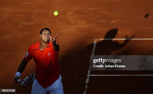 Jo-Wilfried Tsonga of France serves to David Ferrer of Spain during day six of the ATP Masters Series - Rome at the Foro Italico Tennis Centre on...