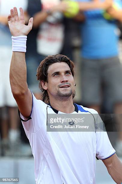 David Ferrer of Spain celebrates defeating Jo-Wilfried Tsonga of France during day six of the ATP Masters Series - Rome at the Foro Italico Tennis...