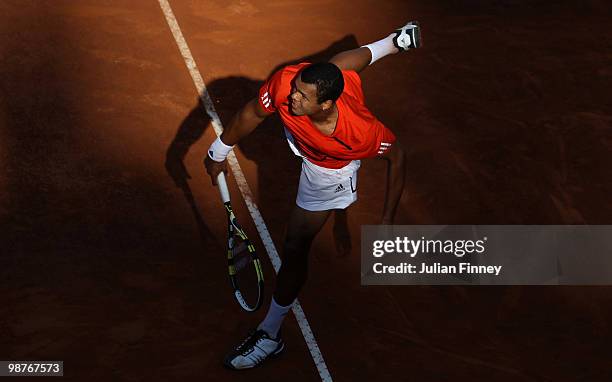 Jo-Wilfried Tsonga of France serves to David Ferrer of Spain during day six of the ATP Masters Series - Rome at the Foro Italico Tennis Centre on...