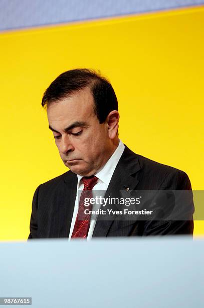 Chairman and CEO of the Renault-Nissan Alliance Carlos Ghosn attends a meeting with Renault shareholders at CNIT de La Defense on April 30, 2010 in...