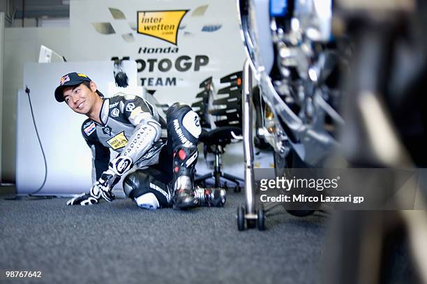 Hiroshi Aoyama of Japan and Interwetten MotoGP Team prepares to start in box before the first free practice at Circuito de Jerez on April 30, 2010 in...