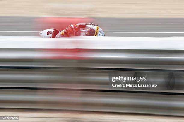 Hiroshi Aoyama of Japan and Interwetten MotoGP Team heads down a straight during the first free practice at Circuito de Jerez on April 30, 2010 in...