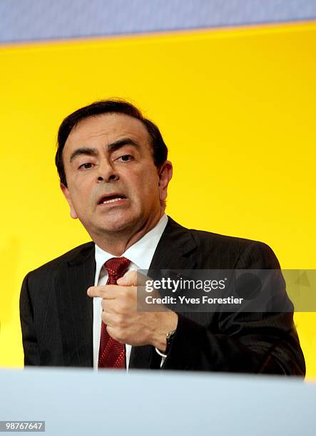 Chairman and CEO of the Renault-Nissan Alliance Carlos Ghosn attends a meeting with Renault shareholders at CNIT de La Defense on April 30, 2010 in...