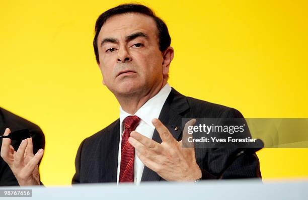 Chairman and CEO of the Renault-Nissan Alliance Carlos Ghosn attends a meeting with Renault shareholders at CNIT de La Defense on April 30, 2010 in...