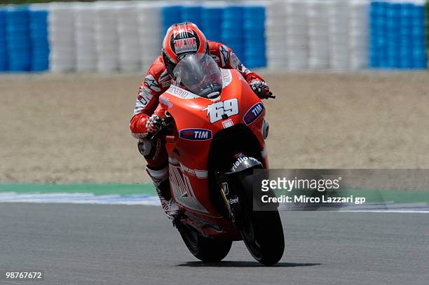Nicky Hayden of USA and Ducati Marlboro Team heads down a straight during the first free practice at Circuito de Jerez on April 30, 2010 in Jerez de...