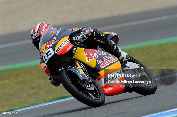 Marc Marquez of Spain and Red Bull AJo Motorsport rounds the bend during the first free practice at Circuito de Jerez on April 30, 2010 in Jerez de...