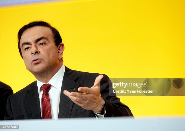 Chairman and CEO of the Renault-Nissan Alliance Carlos Ghosn attends a meeting with Renault shareholders at CNIT de La Defense on April 30, 2010 in...