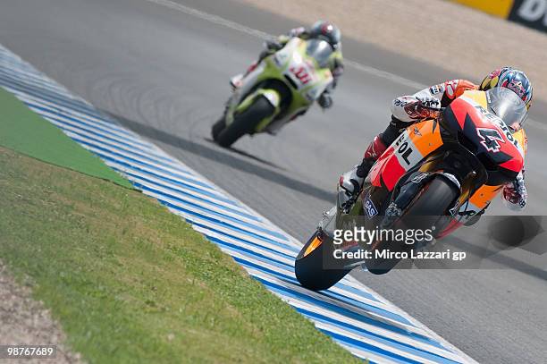 Andrea Dovizioso of Italy and Repsol Honda Team lifts the front wheel during the first free practice at Circuito de Jerez on April 30, 2010 in Jerez...