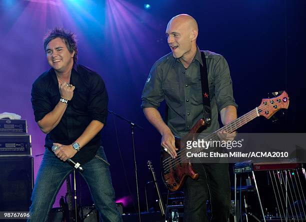 Frontman Mike Eli and bassist Jon Jones of the Eli Young Band perform during the Academy of Country Music Awards All-Star Jam at the MGM Grand...