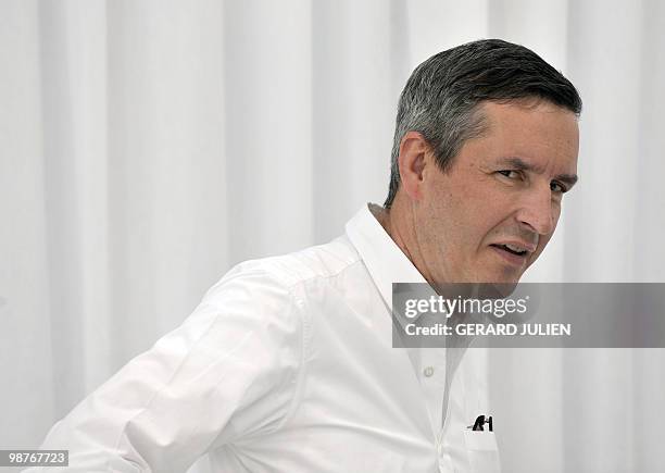 Belgian designer Dries van Noten watches models presenting creations, as jury president of the 25th fashion festival of Hyeres, southern France, on...