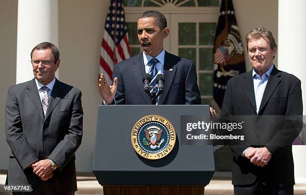 President Barack Obama speaks in the Rose Garden of the White House with Malcolm Unsworth, chief executive officer of Itron Inc., left, and David...