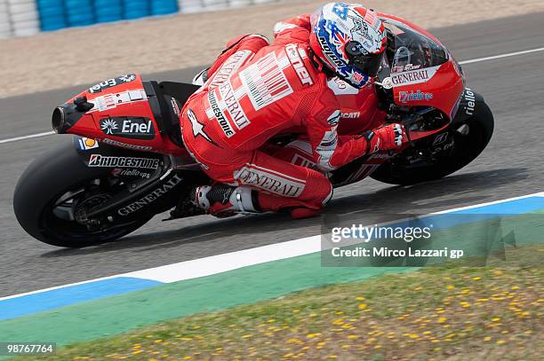 Casey Stoner of Australia and Ducati Marlboro Team rounds the bend during the first free practice at Circuito de Jerez on April 30, 2010 in Jerez de...