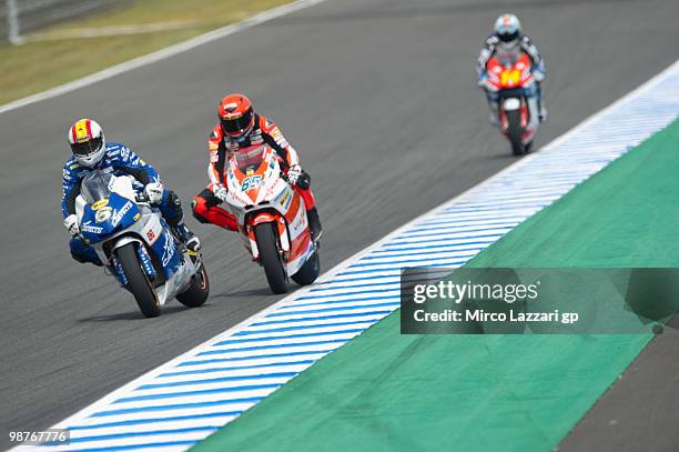 Alex Debon of Spain and Aeroport de Castillo - AJO leads the fields during the first free practice at Circuito de Jerez on April 30, 2010 in Jerez de...