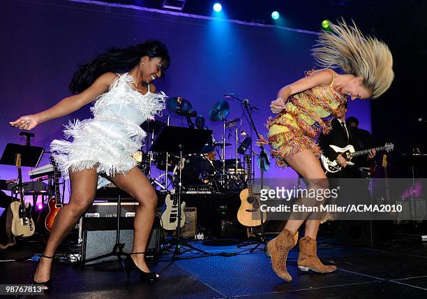 Singer Laura Bell Bundy and a dancer perform during the Academy of Country Music Awards All-Star Jam at the MGM Grand Hotel/Casino April 18, 2010 in...