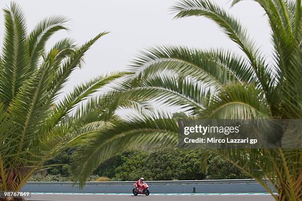 Casey Stoner of Australia and Ducati Marlboro Team heads down a straight during the first free practice at Circuito de Jerez on April 30, 2010 in...