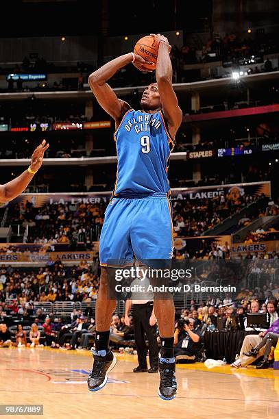 Serge Ibaka of the Oklahoma City Thunder shoots against the Los Angeles Lakers in Game Five of the Western Conference Quarterfinals during the 2010...