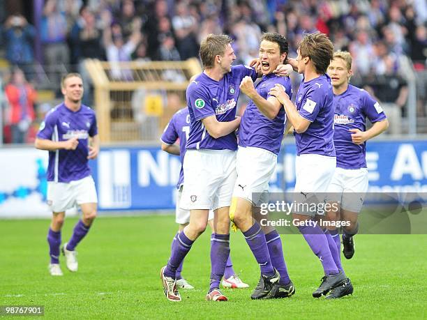 Marc Hensel of FC Erzgebirge Aue celebrates scoring his team's goal during the Third League match between Erzgebirge Aue and Eintracht Braunschweig...