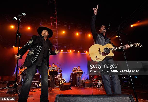 Eddie Montgomery and Troy Gentry of the duo Montgomery Gentry perform during the Academy of Country Music Awards All-Star Jam at the MGM Grand...