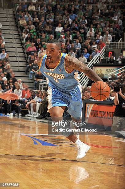 Smith of the Denver Nuggets drives the ball against the Utah Jazz in Game Three of the Western Conference Quarterfinals during the 2010 NBA Playoffs...