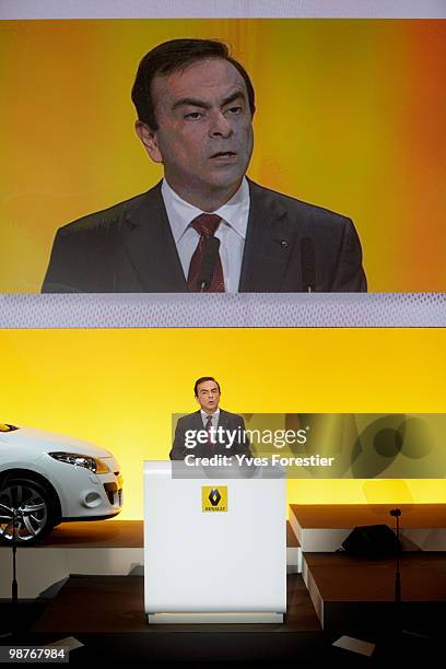 Chairman and CEO of the Renault-Nissan Alliance Carlos Ghosn attends a meeting with Renault shareholders at CNIT de La Defense on April 30, 2010 in...