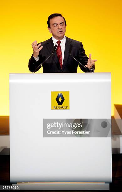 Chairman and CEO of the Renault-Nissan Alliance Carlos Ghosn attends a meeting with Renault shareholders at CNIT de La Defense on April 30, 2010 in...