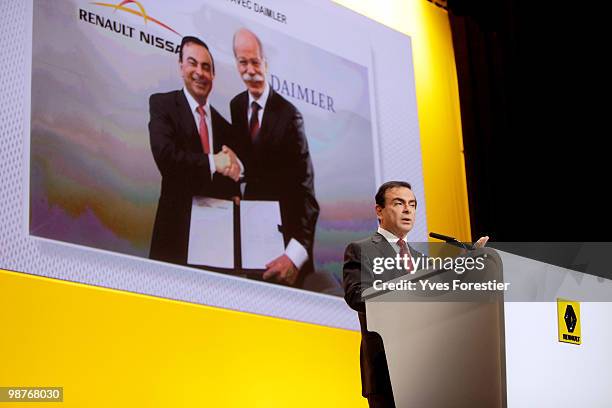 Chairman and CEO of the Renault-Nissan Alliance Carlos Ghosn attends a meeting with Renault shareholders at CNIT de La Defense on April 30, 2010 in...