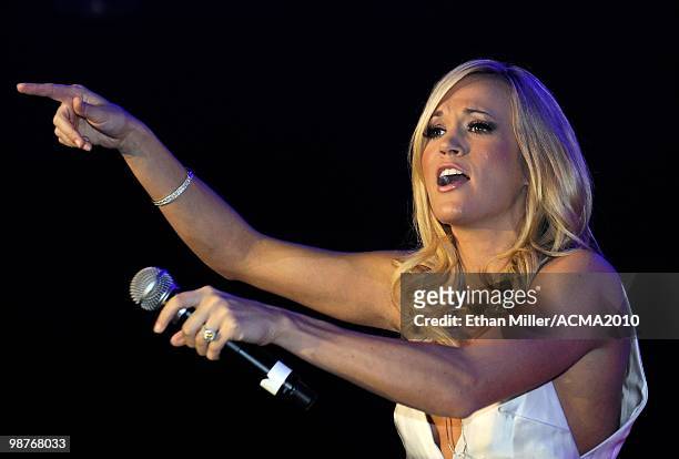 Singer Carrie Underwood performs during the Academy of Country Music Awards All-Star Jam at the MGM Grand Hotel/Casino April 18, 2010 in Las Vegas,...
