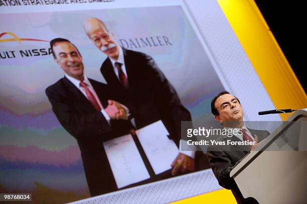 Chairman and CEO of the Renault-Nissan Alliance Carlos Ghosn attends a meeting with Renault shareholders at CNIT de La Defense on April 30, 2010 in...
