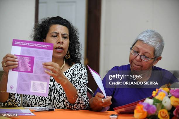 Mexican CIMAC coordinator Carolina Velasquez , and Gladys Lanza,coordinator of the Movimiento Hondureno de Mujeres por la Paz, offer a press...