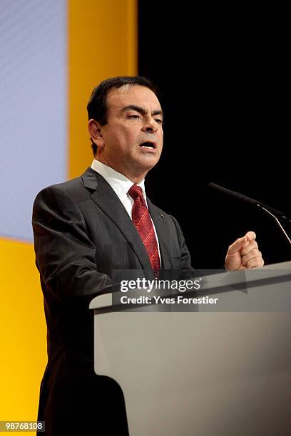 Chairman and CEO of the Renault-Nissan Alliance Carlos Ghosn attends a meeting with Renault shareholders at CNIT de La Defense on April 30, 2010 in...