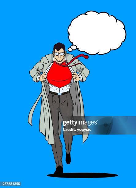 vector superhero transformation with thought bubble - man changing clothes stock illustrations