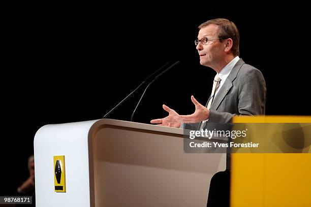 French car manufacturer Renault Chief Operating Officer Patrick Pelata delivers a speech during a meeting with Renault shareholders at CNIT de La...