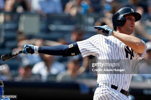 Greg Bird of the New York Yankees at bat against the Tampa Bay Rays during the ninth inning at Yankee Stadium on June 17, 2018 in the Bronx borough...