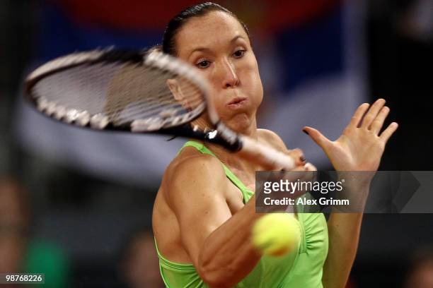 Jelena Jankovic of Serbia plays a forehand during her quarter final match against Justine Henin of Belgium at day five of the WTA Porsche Tennis...