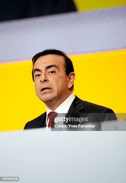 Chairman and CEO of the Renault-Nissan Alliance Carlos Ghosn attends a meeting with Renault shareholders at CNIT de La Defense on April 30, 2010 in...