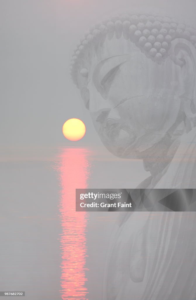 Great Buddha of Kamakura and sunrise over ocean.