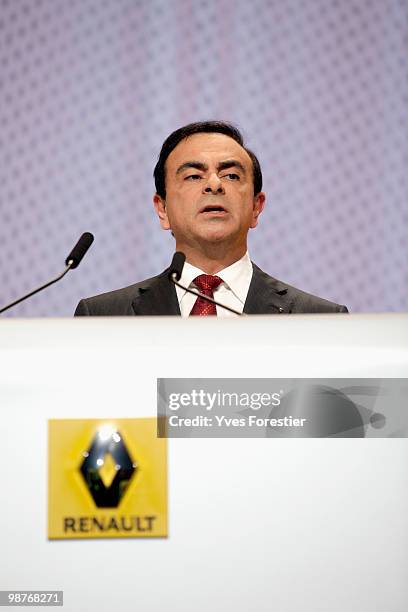 Chairman and CEO of the Renault-Nissan Alliance Carlos Ghosn attends a meeting with Renault shareholders at CNIT de La Defense on April 30, 2010 in...