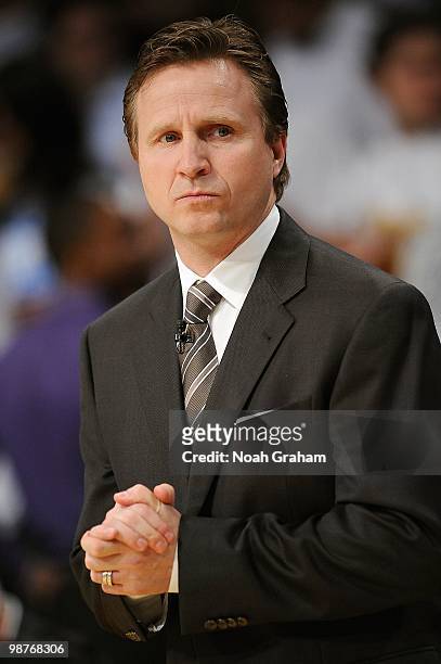 Head coach Scott Brooks of the Oklahoma City Thunder looks on before Game Five of the Western Conference Quarterfinals against the Los Angeles Lakers...