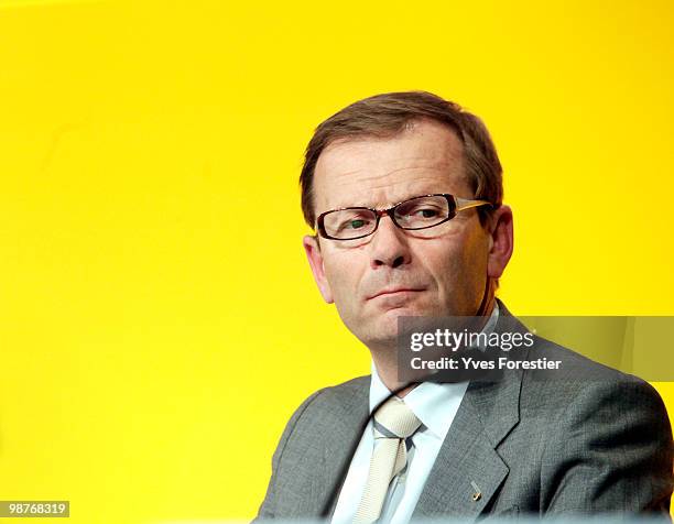 French car manufacturer Renault Chief Operating Officer Patrick Pelata delivers a speech during a meeting with Renault shareholders at CNIT de La...