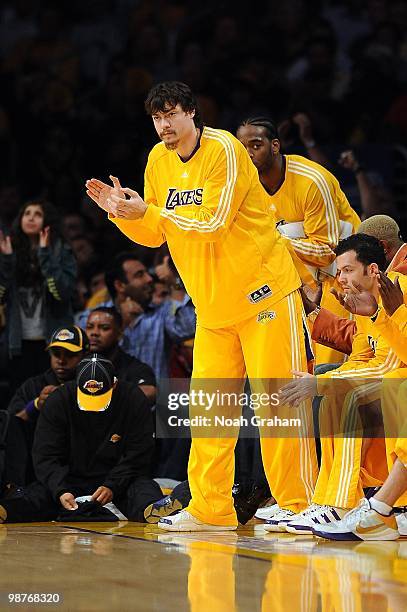 Adam Morrison of the Los Angeles Lakers cheers on the team from the bench in Game Five of the Western Conference Quarterfinals against the Oklahoma...