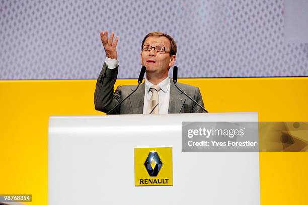 French car manufacturer Renault Chief Operating Officer Patrick Pelata delivers a speech during a meeting with Renault shareholders at CNIT de La...