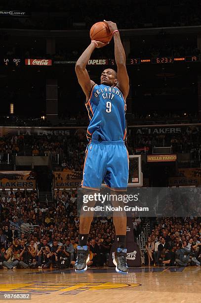 Serge Ibaka of the Oklahoma City Thunder shoots against the Los Angeles Lakers in Game Five of the Western Conference Quarterfinals during the 2010...