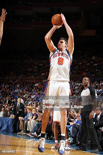 Danilo Gallinari of the New York Knicks makes a jumpshot against the Washington Wizards during the game at Madison Square Garden on April 12, 2010 in...