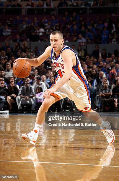 Sergio Rodriguez of the New York Knicks drives the ball against the Washington Wizards during the game at Madison Square Garden on April 12, 2010 in...