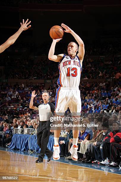 Sergio Rodriguez of the New York Knicks makes a jumpshot against the Washington Wizards during the game at Madison Square Garden on April 12, 2010 in...